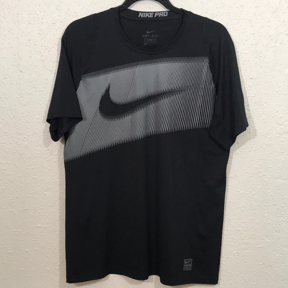 NIKE Mens Pro Fitted Black with Gray Screen Print  Top size‎ L